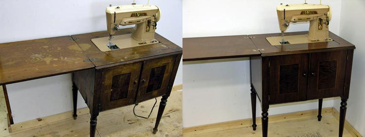 Refinished sewing cabinet before and after with sewing machine