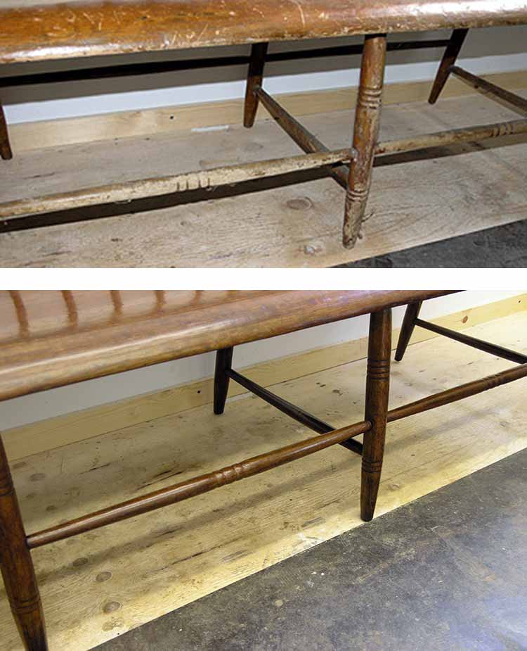 Bench legs and stretchers before and after refinishing