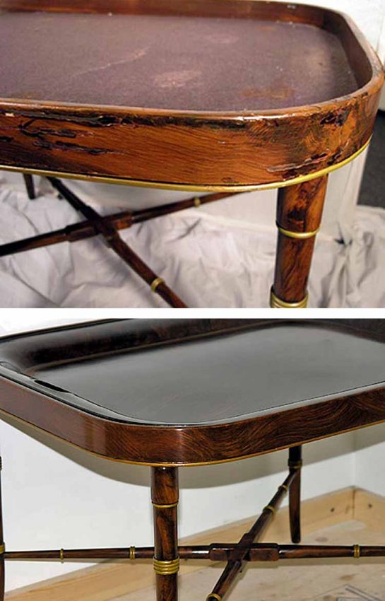 Antique tray table before and after restoration
