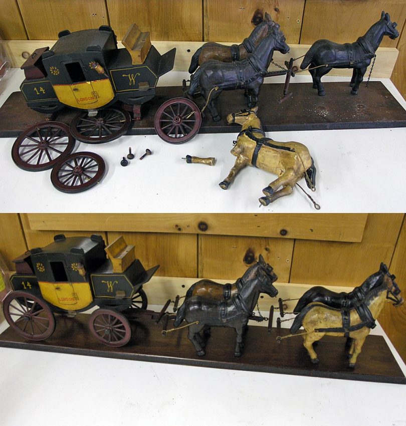 Miniature stagecoach replica before and after repair