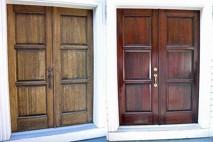 Mahogany exterior door before and after refinishing