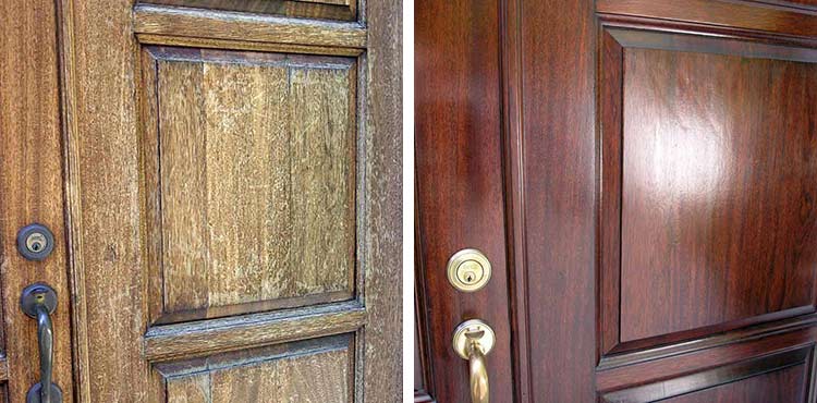 Close up of exterior door before and after refinishing