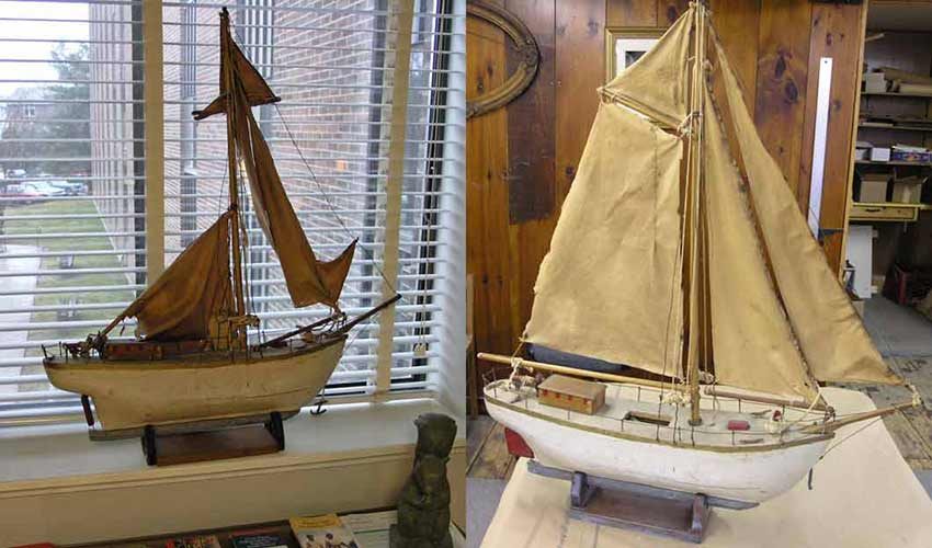 Wooden model sailboat before and after restoration
