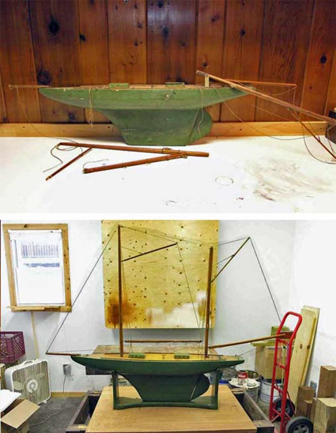 Wooden pond boat before and after restoration