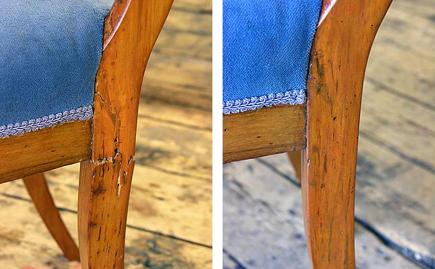 Biedermeier chair leg before and after repair