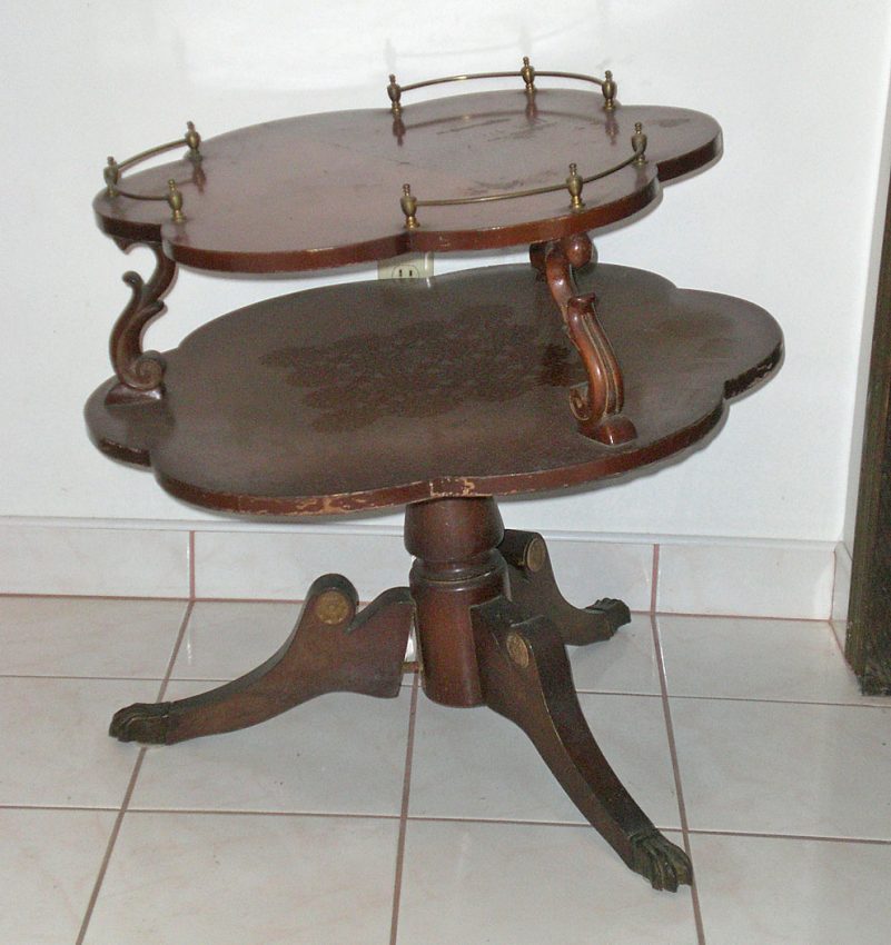 2 Tier accent table before repair and refinishing