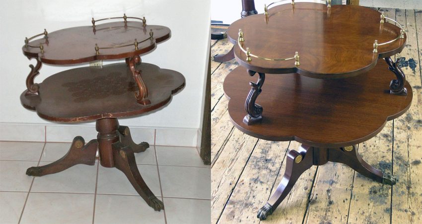 2 Tier accent table before and after repair and refinishing