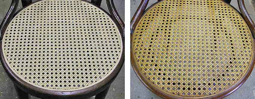 New cane seat before and after stain