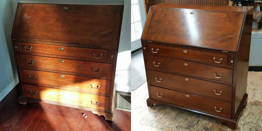 Slant top desk before and after restoration
