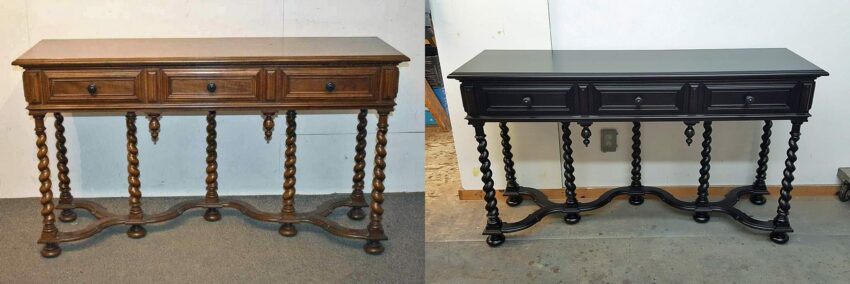Before and after refinishing a 1920’s console library table
