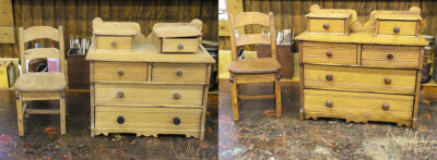 Before and after restoring miniature furniture