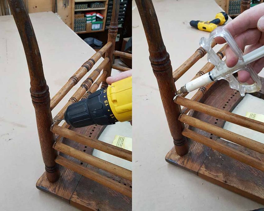 Drilling and injecting glue into a chair joint